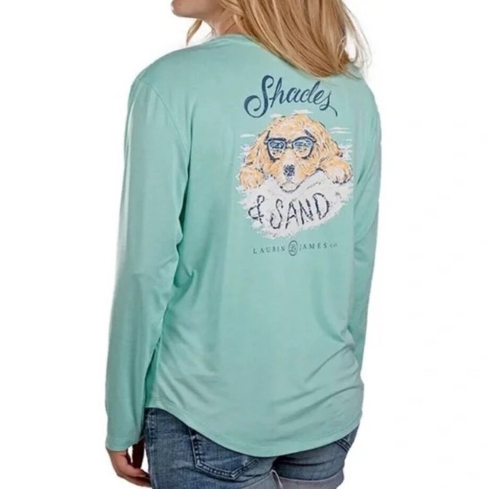 Lauren James Shades and Sand Turquoise Blue Dog Tee Shirt Top Sz L